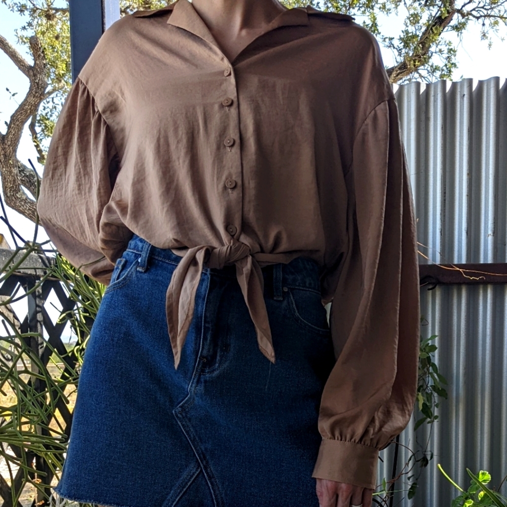 Express XS Long Sleeve Tan/Brown Blouse